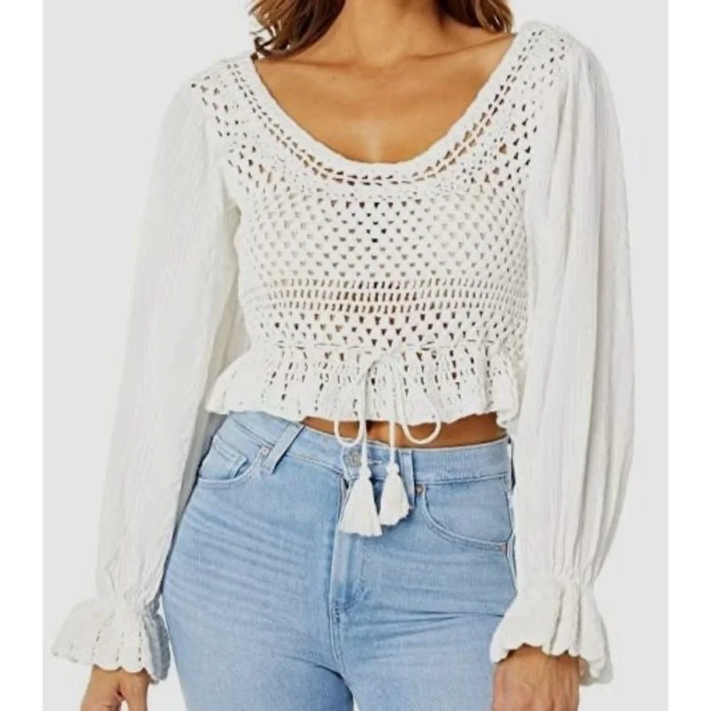 Free People Boho Festival Crochet Babydoll Open Knit Crop Top Medium Renfair